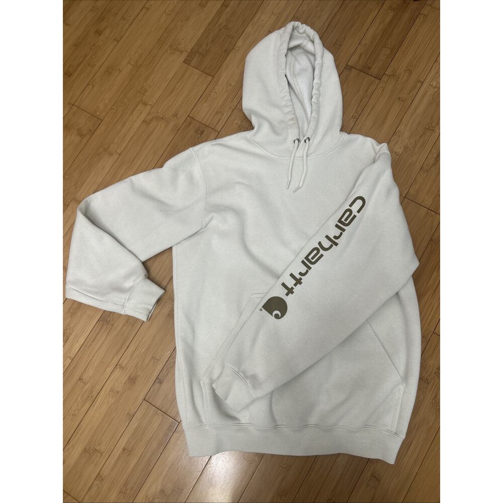 Carhartt White Hoodie with Brown Logo Sleeve